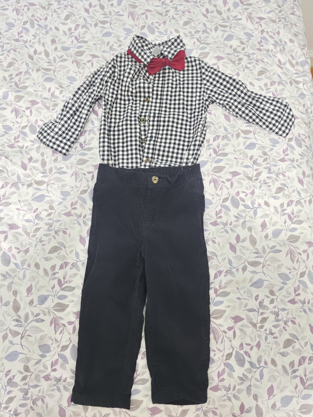 Carter's Black Gingham Button-Up with Red Bow & Navy Pants